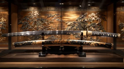 Foto op Aluminium Elegant Japanese sword with gleaming blade and detailed hilt craftsmanship showcased in a museum setting © Dacha AI