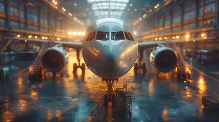 Airplane in the airport. Airplane in the hangar. - obrazy, fototapety, plakaty