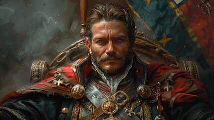 Detailed artwork of a stately commander with a thoughtful expression, set against a battle backdrop