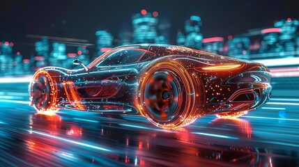 High-speed concept car with neon light streaks on city street. 3D render of a sports car with...