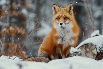 Obraz premium A picture of a wild fox in a forest, red fox in the snowy jungle, snow falls, animals photography and a Japanese fox, AI Generated