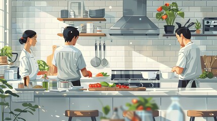 Three chefs preparing food in a bright commercial kitchen. Illustration of a professional culinary environment with kitchenware and fresh ingredients. Culinary arts and teamwork concept