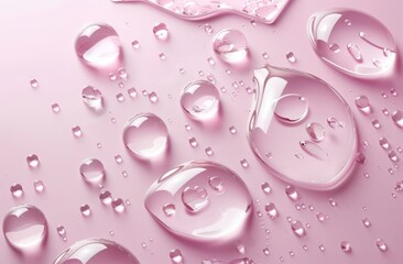 A pink background with transparent gel droplets floating. Abstract background with clear serum or gel drops. Flat lay of hydro alcoholic gel splashes