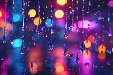 Digital raindrops falling against neon backdrop - obrazy, fototapety, plakaty