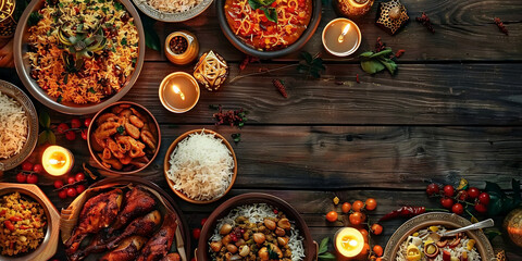 indian  food Ramadan on wooden  table, traditional dishes with rice  ,  biryani, copy space