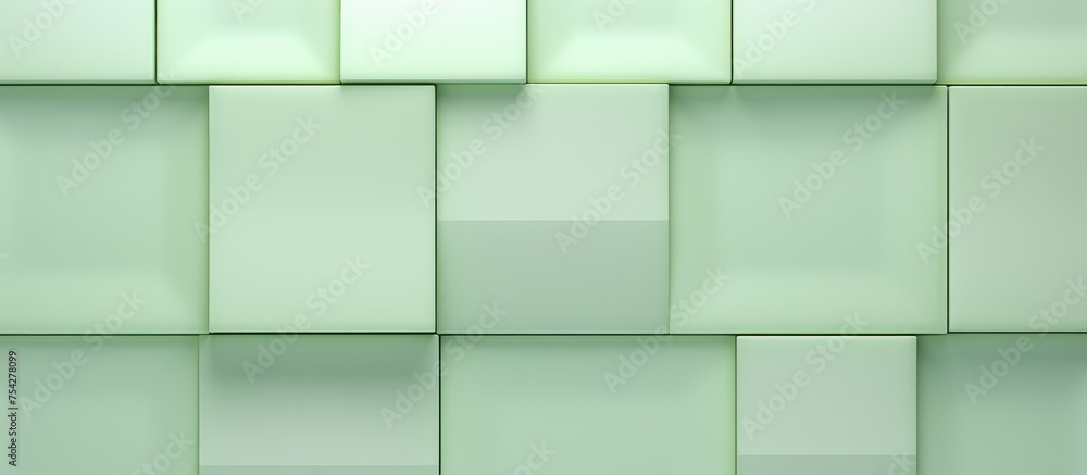 Poster this close-up shot showcases a wall constructed entirely of pastel green box-like tiles. the tiles a