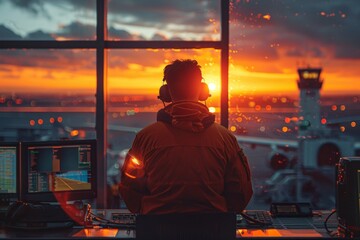 An air traffic controller with their back to the camera overlooks a busy airport at sunset, symbolizing control and responsibility - obrazy, fototapety, plakaty