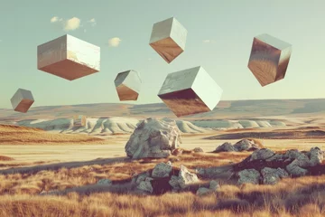 Foto op Plexiglas Surreal dreamscape with floating Abstract 3d geometric objects © Anna
