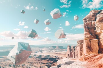Surreal dreamscape with floating Abstract 3d geometric objects - obrazy, fototapety, plakaty