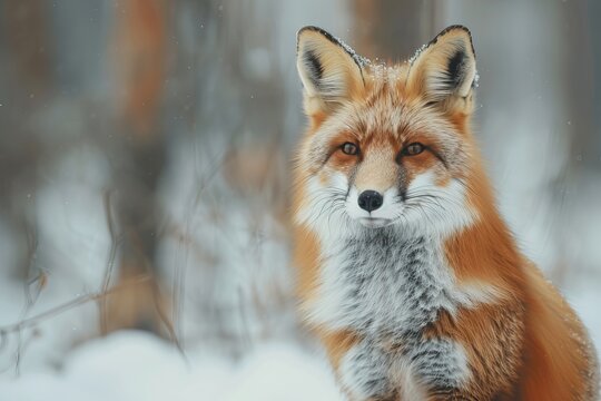 A picture of a wild fox in a forest, red fox in the snowy jungle, snow falls, animals photography and a Japanese fox, AI Generated