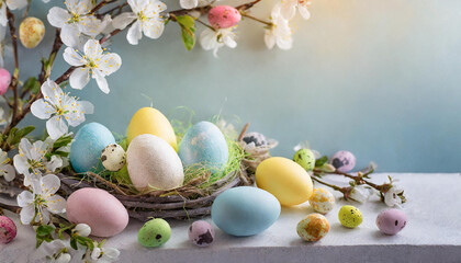 Fototapeta premium Cadre de Pâques avec œufs de Pâques colorés avec différents ornements et décorations de fleurs printanières