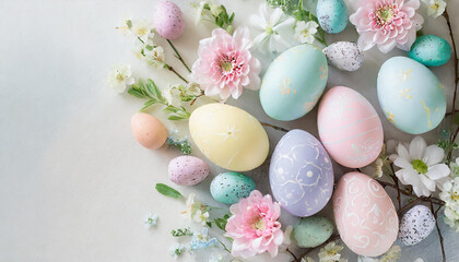 Obraz na płótnie Canvas Cadre de Pâques avec œufs de Pâques colorés avec différents ornements et décorations de fleurs printanières