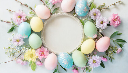 Cadre de Pâques avec œufs de Pâques colorés avec différents ornements et décorations de fleurs printanières - obrazy, fototapety, plakaty