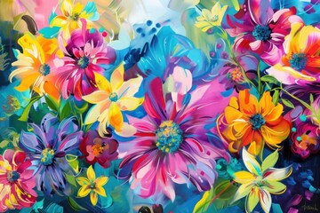 Fototapeta na wymiar Oil Painting of Various Flowers, Chrysanthemums, Mushrooms, and Leaves - Beautiful Wedding Illustration