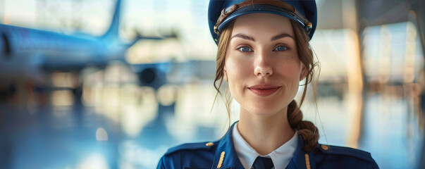 Attractive smiling female airplane pilot on the ramp, charming female private airline employee in uniform and cap - obrazy, fototapety, plakaty