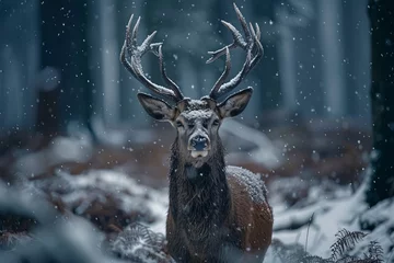 Foto op Aluminium A picture of a wild deer in a forest, giant moose in the snowy jungle, snow falls, animals photography, AI Generated © MeSSrro