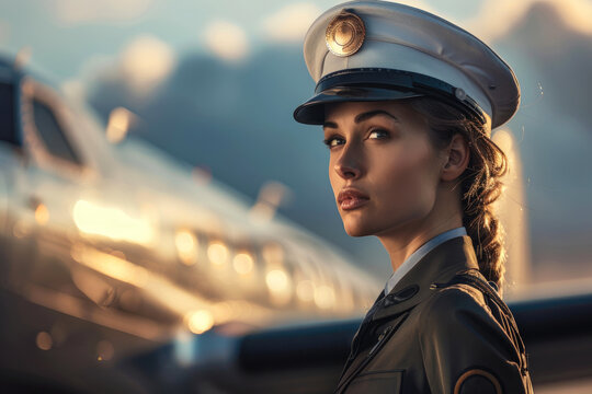 Attractive smiling female airplane pilot on the ramp, charming female private airline employee in uniform and cap