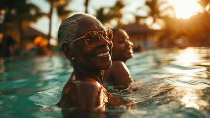 Happy african american multi generational grandma and grandchild swimming together on vacation. - Powered by Adobe