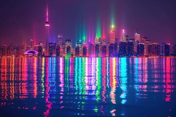 Neon city skyline reflecting in water