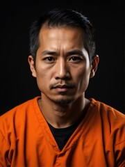 Obraz premium Portrait of a asian prisoner on orange jail uniform on plain black background looking at the camera from Generative AI
