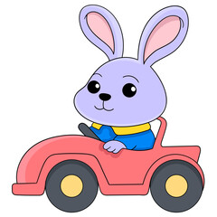 Easter themed cartoon doodle illustration, rabbit is driving a red car going on holiday