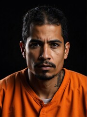 Obraz premium Portrait of a hispanic prisoner on orange jail uniform on plain black background looking at the camera from Generative AI