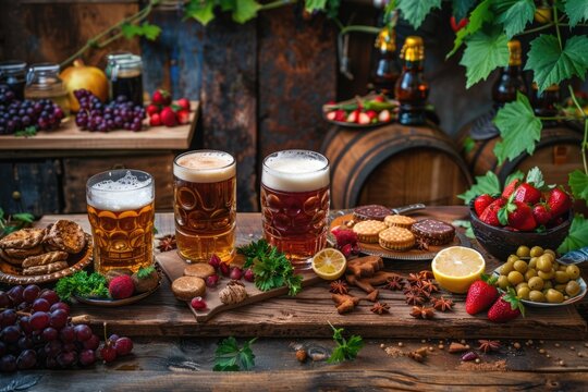 Oktoberfest beer and food on wooden table, top view flat lay, ai generated