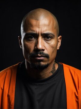 Portrait of a immigrant prisoner on orange jail uniform on plain black background looking at the camera from Generative AI