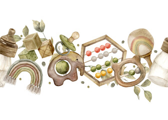 Watercolor endless composition of baby things, bottles, rattles, pacifiers, bills, cubes and greenery. Isolated hand drawn illustration for children's interior, cards, stickers, textiles, design.