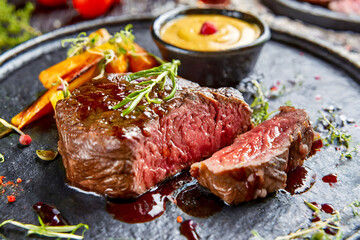 Chateaubriand beef tenderloin steak on a dark plate. cooked to medium rare perfection and is glistening with juices. grilled vegetables including carrots. A small bowl of creamy sauce