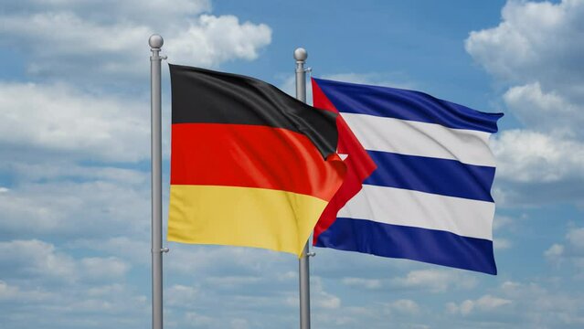 Cuba and Germany two flags waving together, looped video, two country cooperation concept