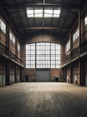 Portrait of an empty industrial factory warehouse from Generative AI