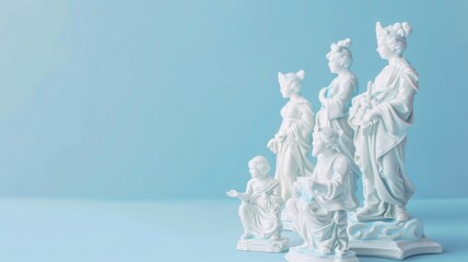 A row of classical white statues against a pastel blue background, blending antiquity with modern minimalism