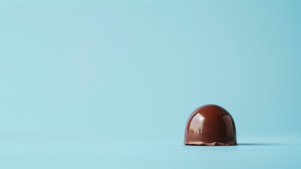 Single chocolate bonbon on a blue surface with soft lighting