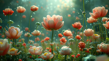 Enchanting field of blooming flowers with dew drops, illuminated by soft sunlight, creating a dreamy atmosphere.