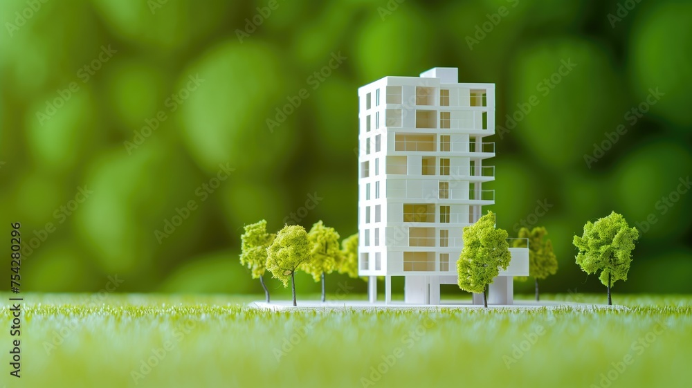 Poster eco-friendly architectural model with small trees in a minimalist setting