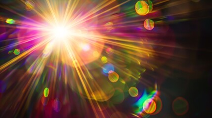 colorful light shining through a dark background. The light is bright and vibrant, creating a sense of energy and excitement. The colors are bold and vivid, making the scene feel dynamic and lively - obrazy, fototapety, plakaty