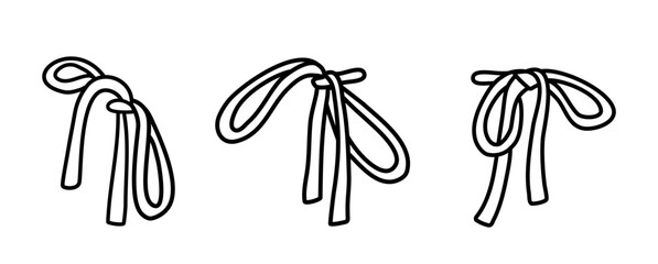 Set of three hand drawn linear knots of laces in doodle style. Editable stroke and color. Can be used as decoration design element, icon, clothes or packing element. Isolated vector illustration