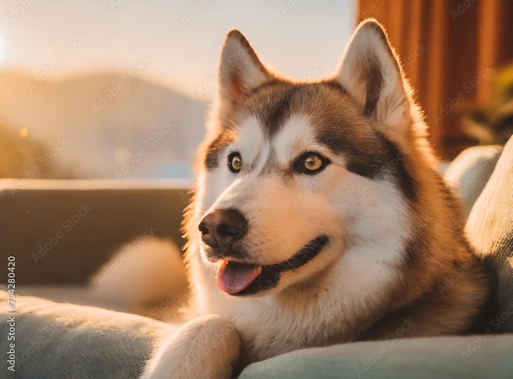 Sticker Husky dog lying in the couch smiling, closeup of his happy face