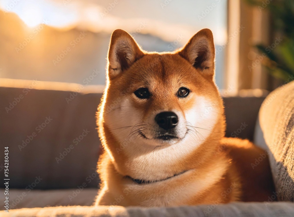 Wall mural Peaceful Shiba inu dog lying on the couch at home