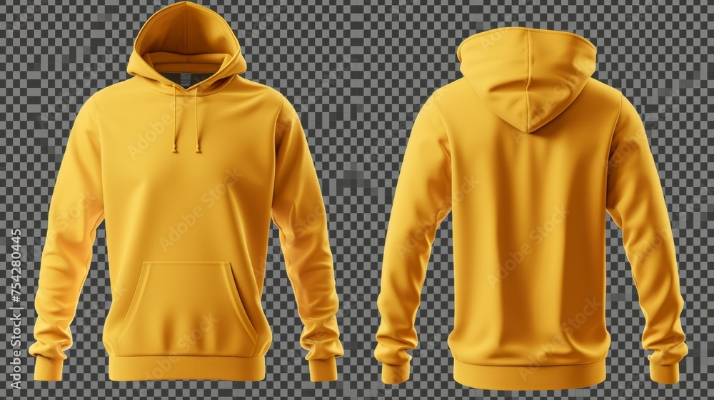 Wall mural Set of yellow front and back view tee hoodie hoody sweatshirt on transparent background cutout, PNG file. Mockup template for artwork graphic design