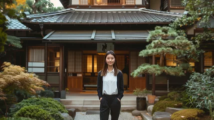 Foto op Canvas Real woman estate agent standing in front of a listed house that features a traditional Japanese tea garden. © saulo_arts