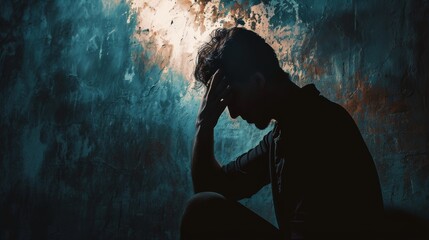 Schizophrenic man holding head in his hand, sad after receive bad news. Stressed boy confused with unhappy problem, cry and worry about unexpected work, down economy, bipolar - obrazy, fototapety, plakaty
