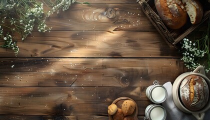 Homemade baked bread, milk and small white flowers on a wooden background.