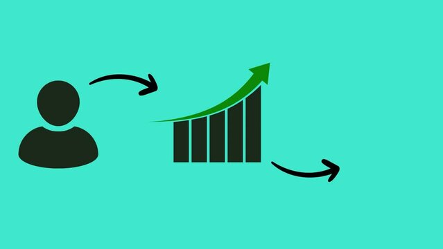 Animated investment concept featuring graphic illustrations, financial reports, people, business graphs, statistics, increases, arrows symbolizing financial growth and prosperity.