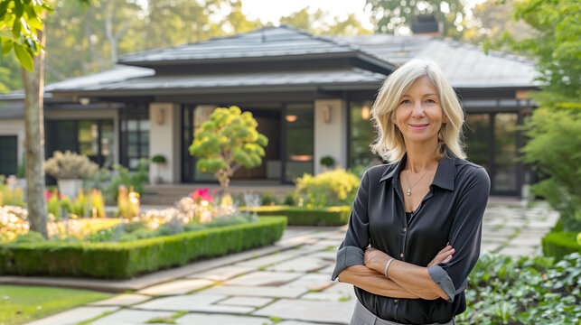 mature woman presenting minimalist home