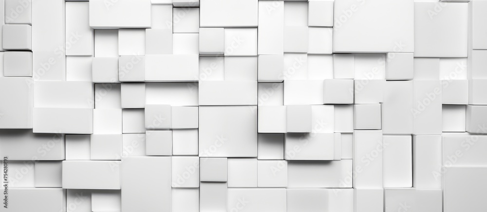 Poster a black and white photograph of a wall constructed using square-shaped mosaic tiles. the geometric p