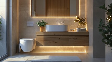 Modern bathroom with natural elements and beautiful lighting for a tranquil setting
