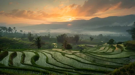 Fotobehang Thailand. Rice terraces agricultural sceneries. Rice fields with asian farmers. Vector illustration. People planting and grow rice in rainy season. © Ziyan Yang