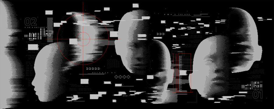 Retro futuristic blured face. Pixel bitmap graphic with grunge distorted waves. Vector background